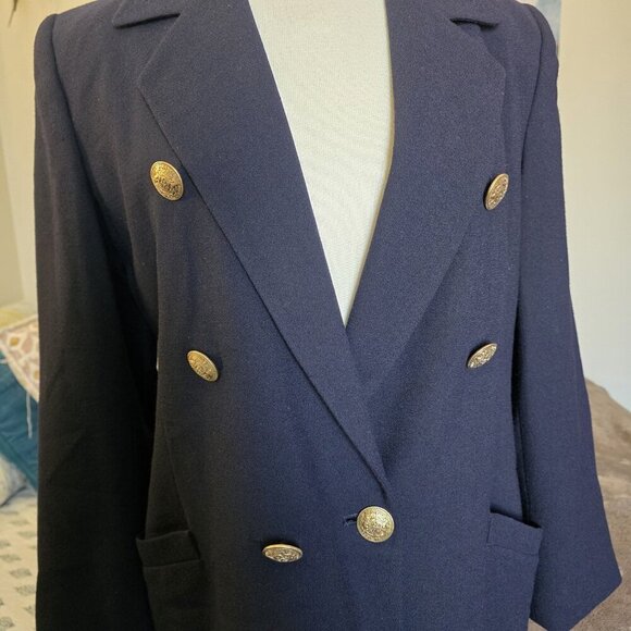 Linda Allard Ellen Tracy Blazer Women’s 8 Navy Wool Double Breasted Gold - Picture 3 of 16
